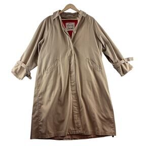 Vintage Foxland Trench Coat Women 12 Petite Wool Blend Red Plaid Lined Tan READ